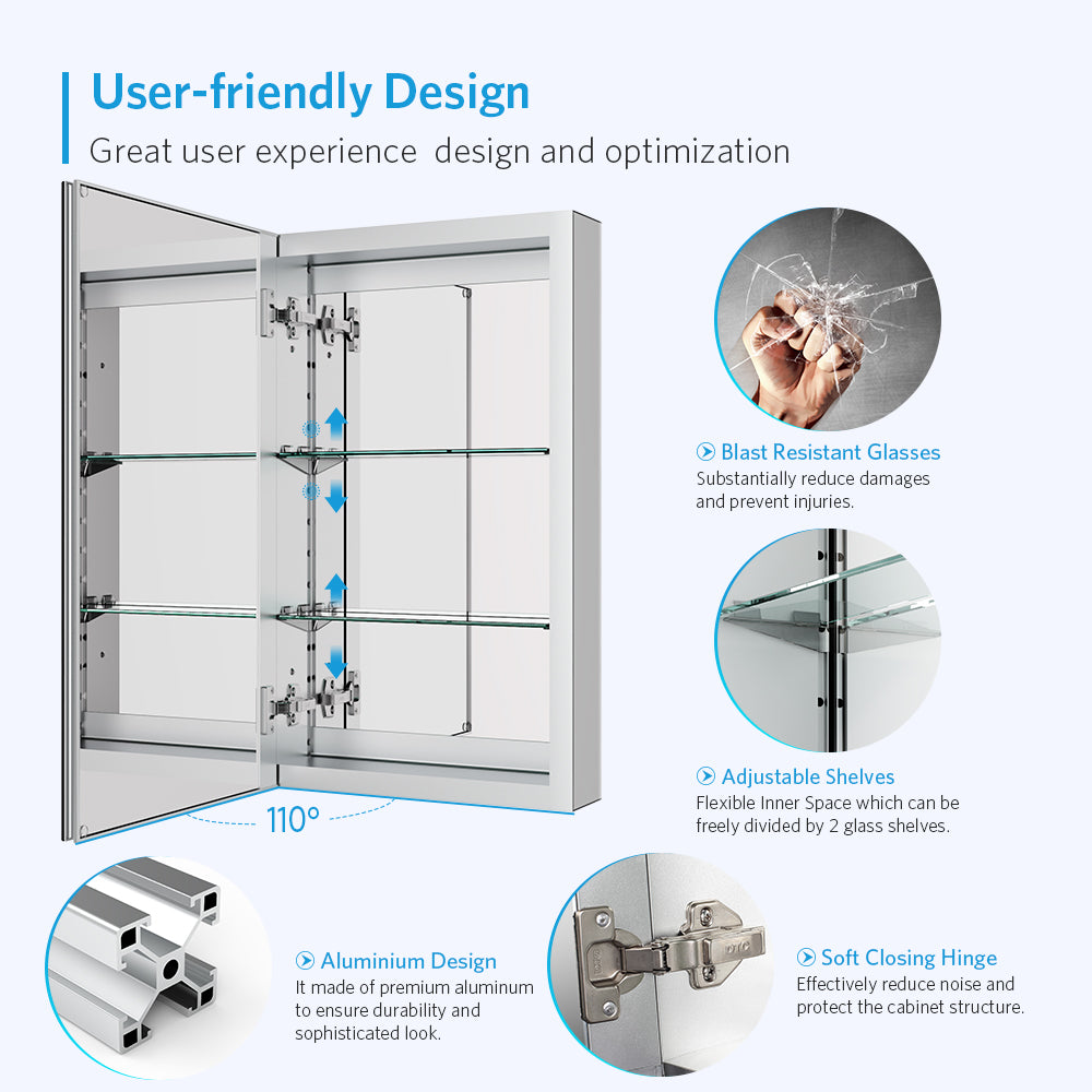 16"x26" Mirrored Medicine Cabinet for Bathroom Recessed or Surface Mount, Silver Aluminum