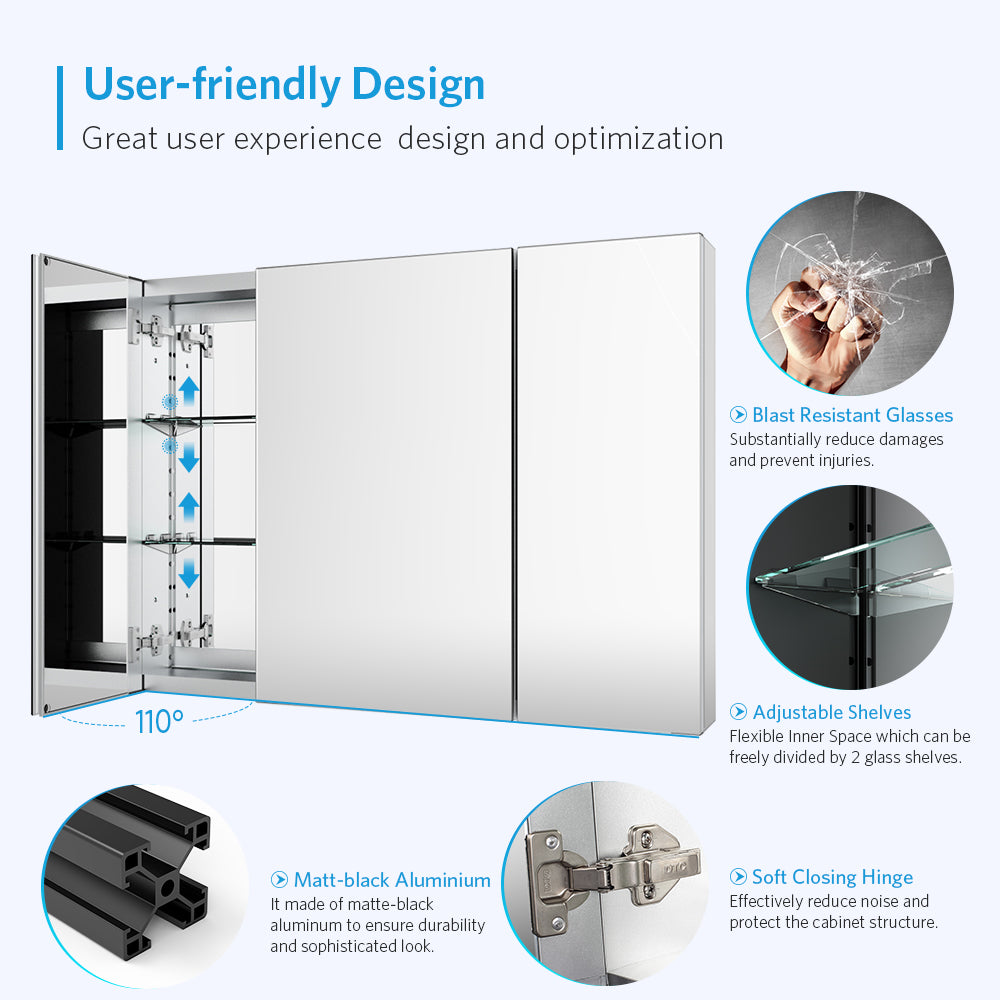 36"x26" Mirrored Medicine Cabinet for Bathroom 3 Door Recessed or Surface Mount, Silver Aluminum