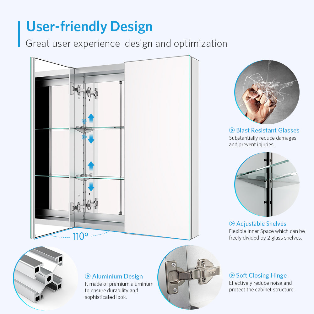 24"x30" Mirrored Medicine Cabinet for Bathroom 2 Door Recessed or Surface Mount, Silver Aluminum