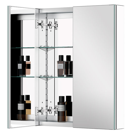 24"x30" Mirrored Medicine Cabinet for Bathroom 2 Door Recessed or Surface Mount, Silver Aluminum