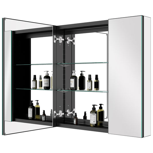 30"x30" Mirrored Medicine Cabinet for Bathroom 2 Door Recessed or Surface Mount, Black Aluminum