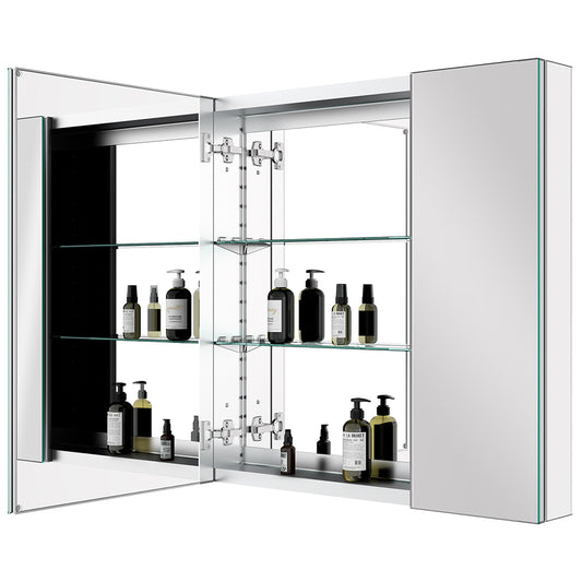 30"x30" Mirrored Medicine Cabinet for Bathroom 2 Door Recessed or Surface Mount, Silver Aluminum