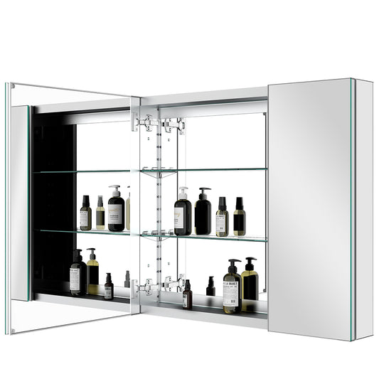30"x26" Mirrored Medicine Cabinet for Bathroom 2 Door Recessed or Surface Mount, Silver Aluminum