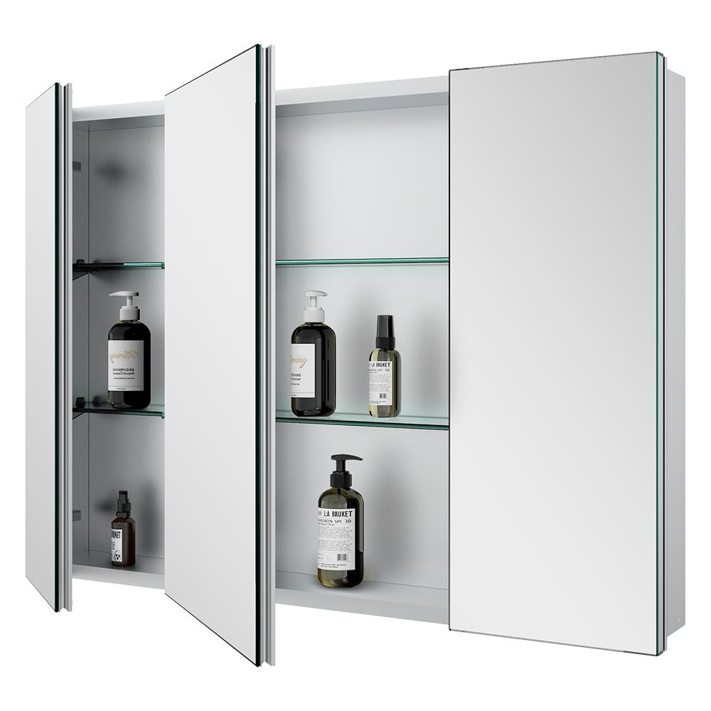 36"x26" Mirrored Medicine Cabinet for Bathroom 3 Door Recessed or Surface Mount, Silver Aluminum