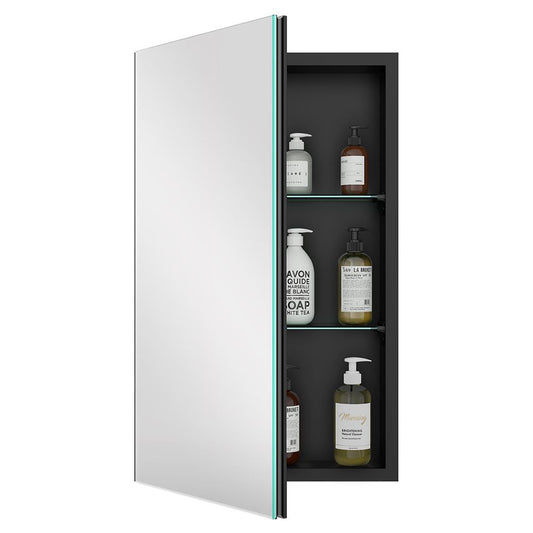 16"x26" Mirrored Medicine Cabinet for Bathroom Recessed or Surface Mount, Black Aluminum