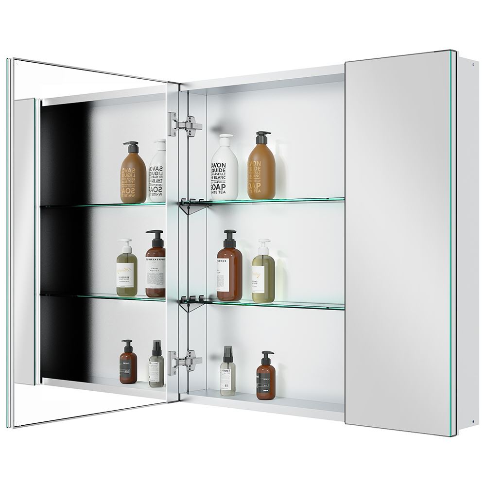 30"x30" Mirrored Medicine Cabinet for Bathroom 2 Door Recessed or Surface Mount, Silver Aluminum