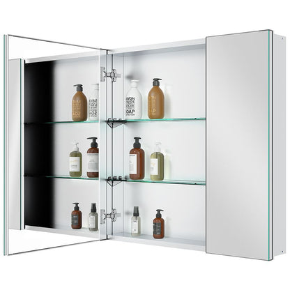 30"x30" Mirrored Medicine Cabinet for Bathroom 2 Door Recessed or Surface Mount, Silver Aluminum
