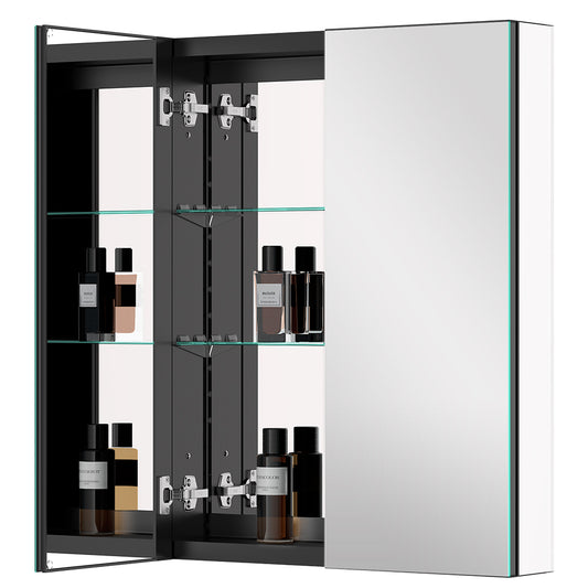 24"x30" Mirrored Medicine Cabinet for Bathroom 2 Door Recessed or Surface Mount, Black Aluminum