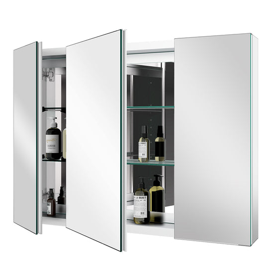 36"x26" Mirrored Medicine Cabinet for Bathroom 3 Door Recessed or Surface Mount, Silver Aluminum
