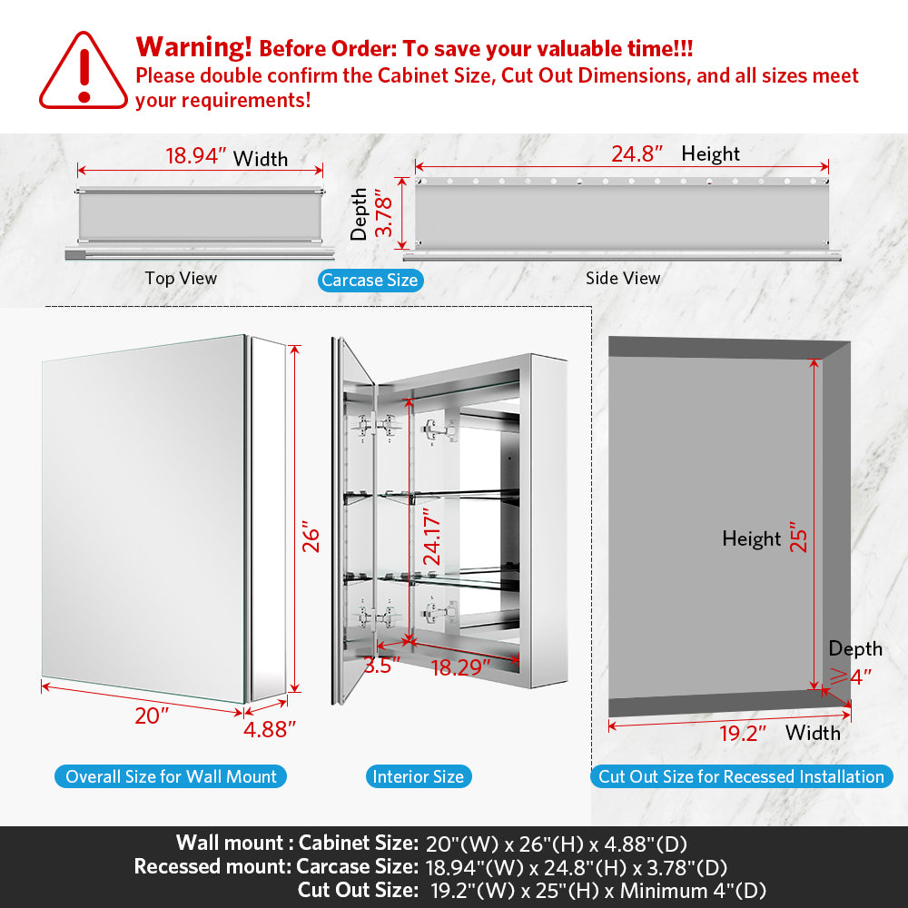 20"x26" Mirrored Medicine Cabinet for Bathroom Recessed or Surface Mount, Silver Aluminum
