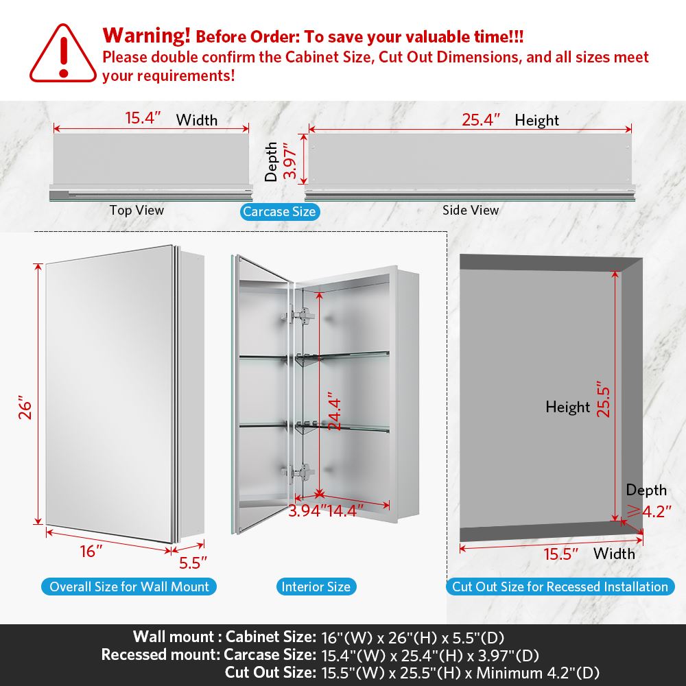 16"x26" Mirrored Medicine Cabinet for Bathroom Recessed or Surface Mount, Silver Aluminum