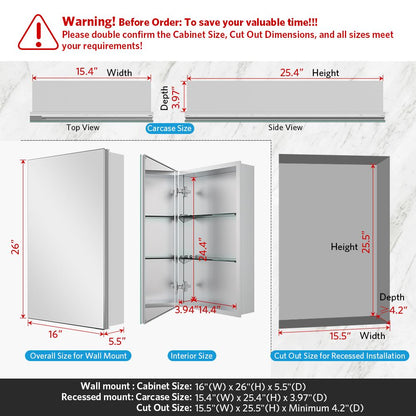 16"x26" Mirrored Medicine Cabinet for Bathroom Recessed or Surface Mount, Silver Aluminum