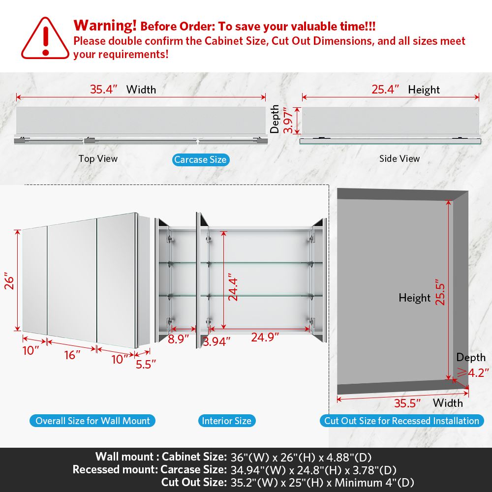 36"x26" Mirrored Medicine Cabinet for Bathroom 3 Door Recessed or Surface Mount, Silver Aluminum