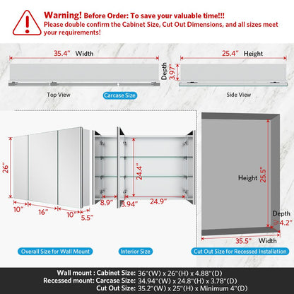 36"x26" Mirrored Medicine Cabinet for Bathroom 3 Door Recessed or Surface Mount, Silver Aluminum
