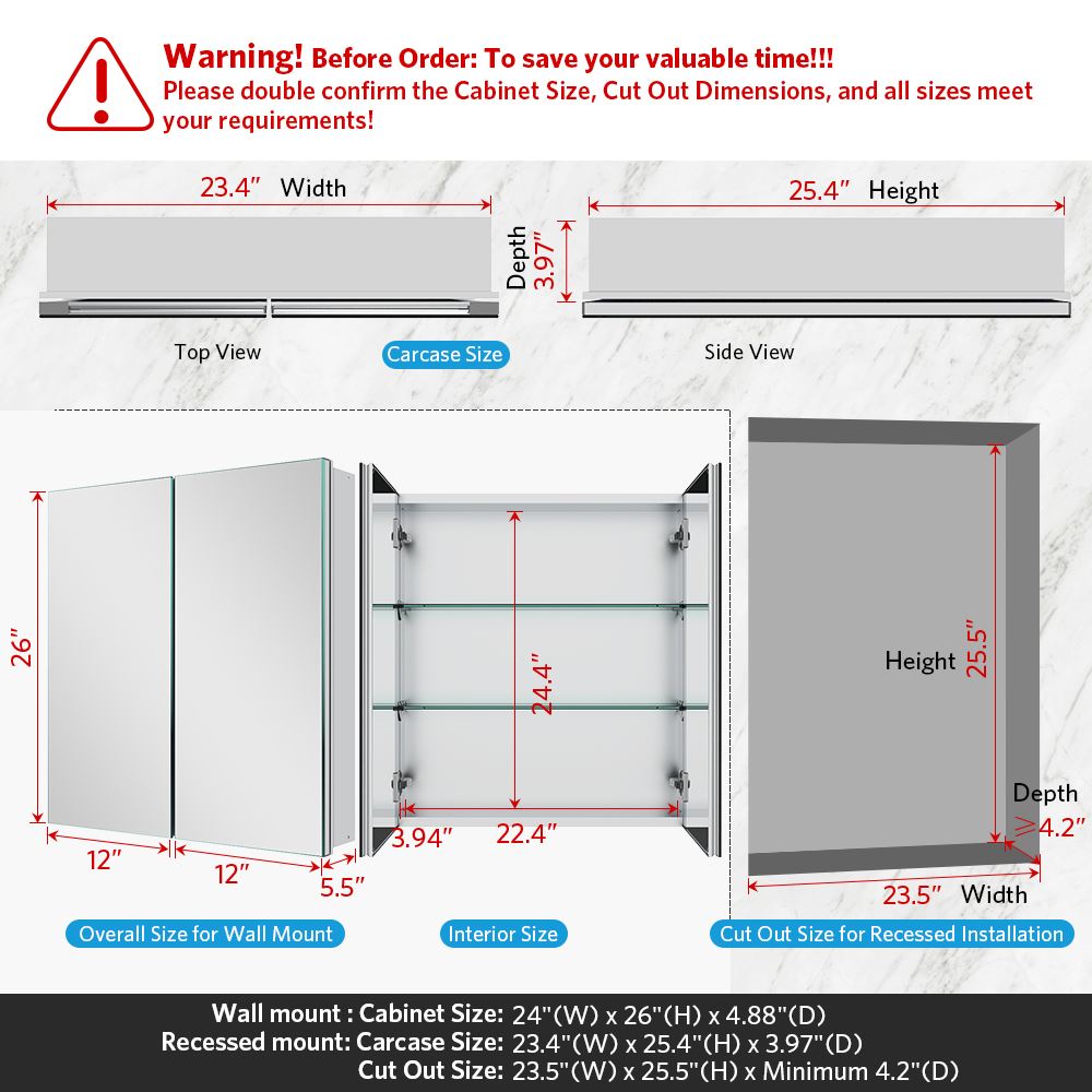 24"x26" Mirrored Medicine Cabinet for Bathroom 2 Door Recessed or Surface Mount, Silver Aluminum