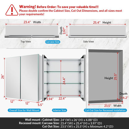 24"x26" Mirrored Medicine Cabinet for Bathroom 2 Door Recessed or Surface Mount, Silver Aluminum
