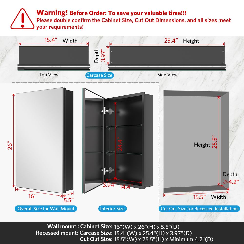 16"x26" Mirrored Medicine Cabinet for Bathroom Recessed or Surface Mount, Black Aluminum