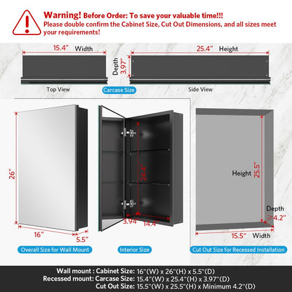 16"x26" Mirrored Medicine Cabinet for Bathroom Recessed or Surface Mount, Black Aluminum