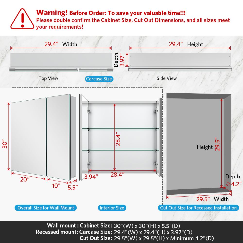 30"x30" Mirrored Medicine Cabinet for Bathroom 2 Door Recessed or Surface Mount, Silver Aluminum