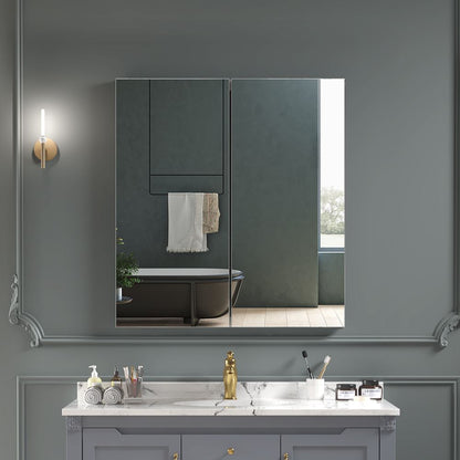 24"x26" Mirrored Medicine Cabinet for Bathroom 2 Door Recessed or Surface Mount, Silver Aluminum