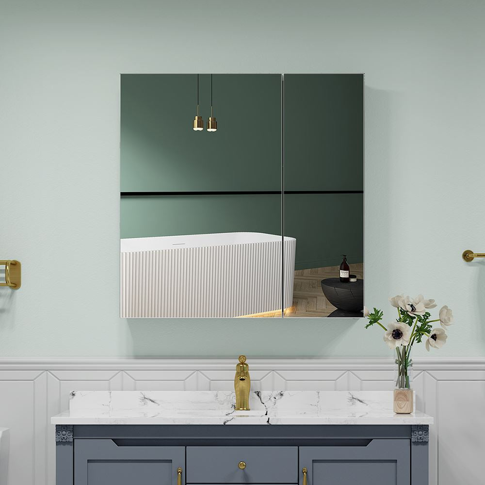 30"x30" Mirrored Medicine Cabinet for Bathroom 2 Door Recessed or Surface Mount, Silver Aluminum