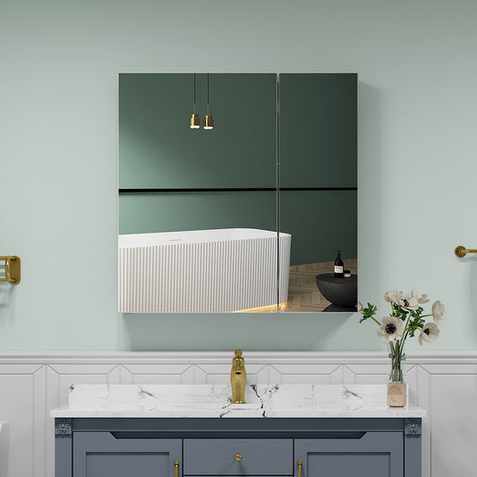 30"x30" Mirrored Medicine Cabinet for Bathroom 2 Door Recessed or Surface Mount, Silver Aluminum