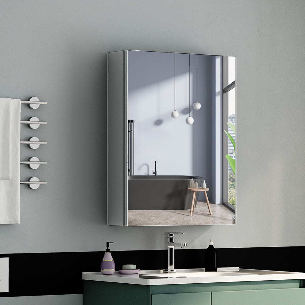 20"x26" Mirrored Medicine Cabinet for Bathroom Recessed or Surface Mount, Silver Aluminum