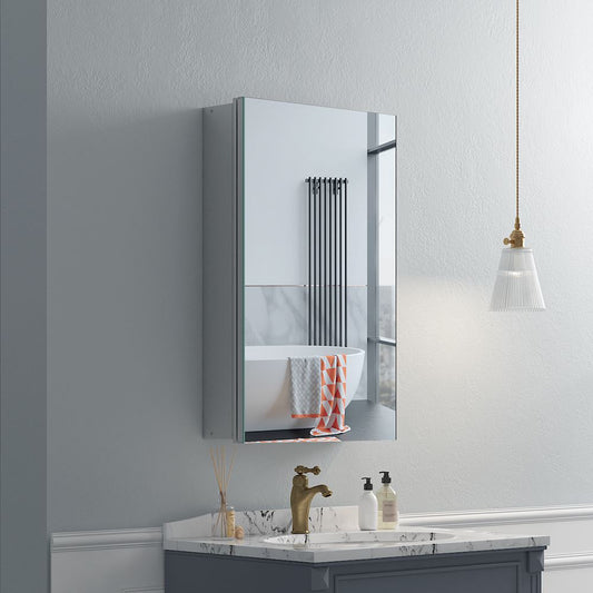 16"x26" Mirrored Medicine Cabinet for Bathroom Recessed or Surface Mount, Silver Aluminum