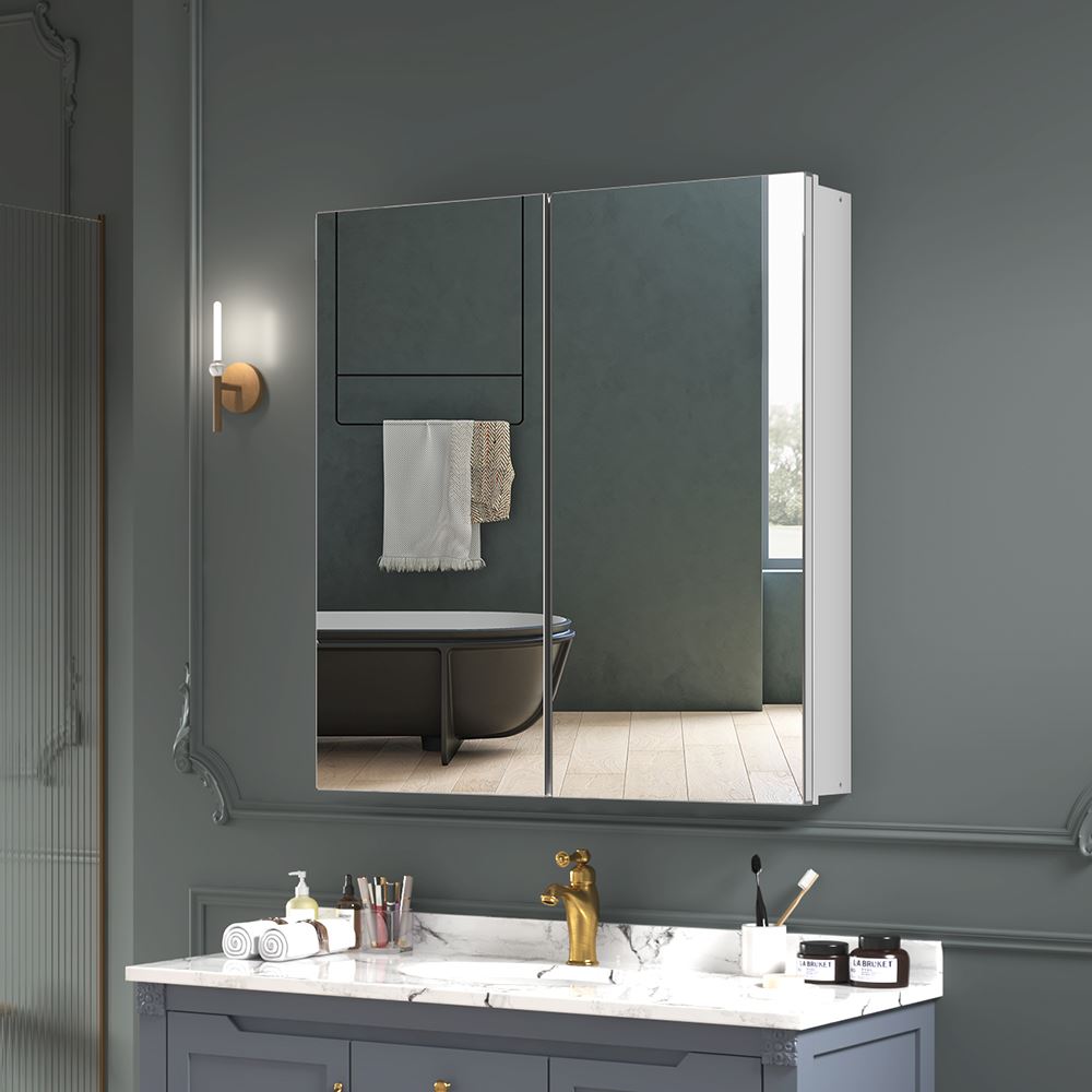 24"x26" Mirrored Medicine Cabinet for Bathroom 2 Door Recessed or Surface Mount, Silver Aluminum