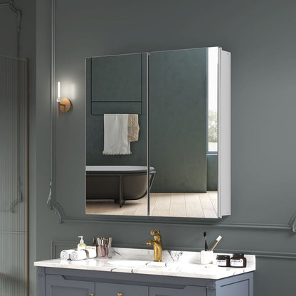 24"x26" Mirrored Medicine Cabinet for Bathroom 2 Door Recessed or Surface Mount, Silver Aluminum