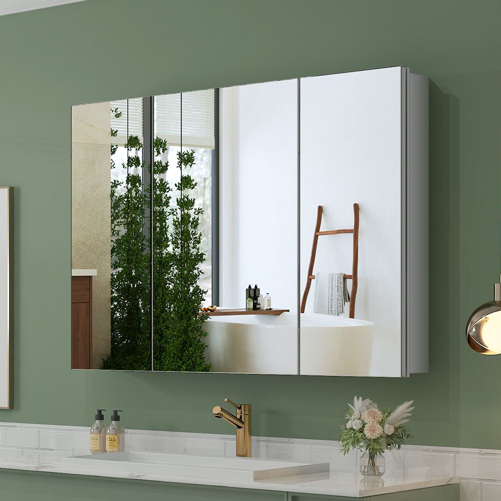 36"x26" Mirrored Medicine Cabinet for Bathroom 3 Door Recessed or Surface Mount, Silver Aluminum