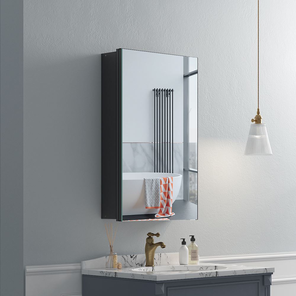 16"x26" Mirrored Medicine Cabinet for Bathroom Recessed or Surface Mount, Black Aluminum