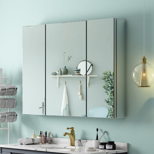 36"x26" Mirrored Medicine Cabinet for Bathroom 3 Door Recessed or Surface Mount, Silver Aluminum