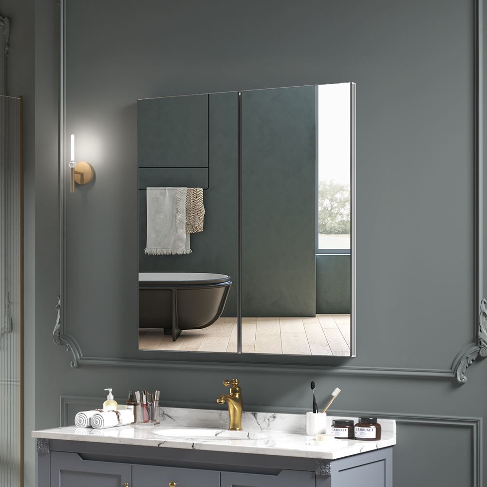 24"x26" Mirrored Medicine Cabinet for Bathroom 2 Door Recessed or Surface Mount, Silver Aluminum