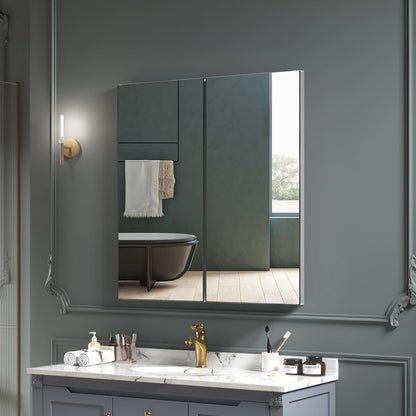 24"x26" Mirrored Medicine Cabinet for Bathroom 2 Door Recessed or Surface Mount, Silver Aluminum