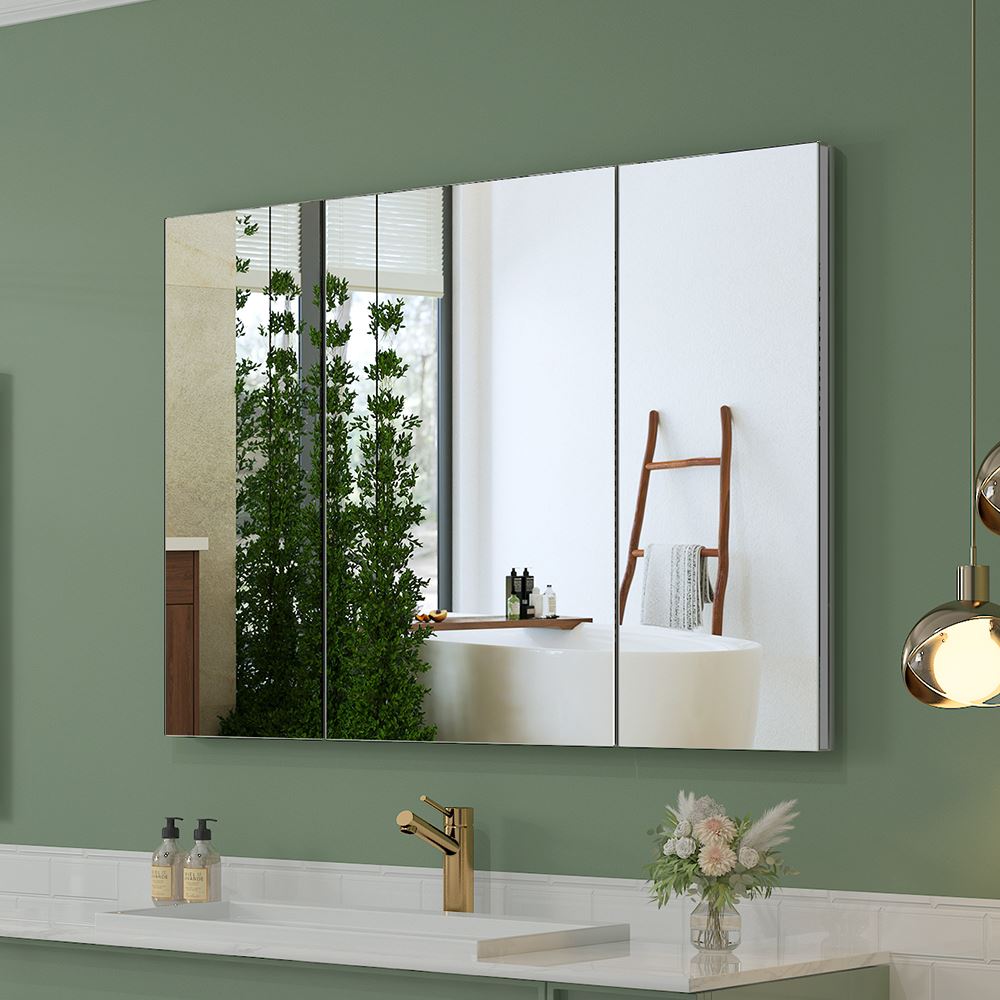 36"x26" Mirrored Medicine Cabinet for Bathroom 3 Door Recessed or Surface Mount, Silver Aluminum