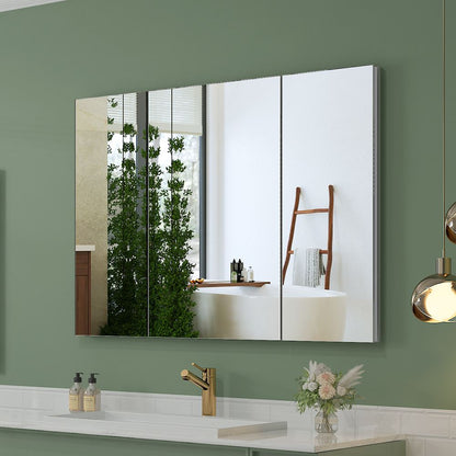 36"x26" Mirrored Medicine Cabinet for Bathroom 3 Door Recessed or Surface Mount, Silver Aluminum