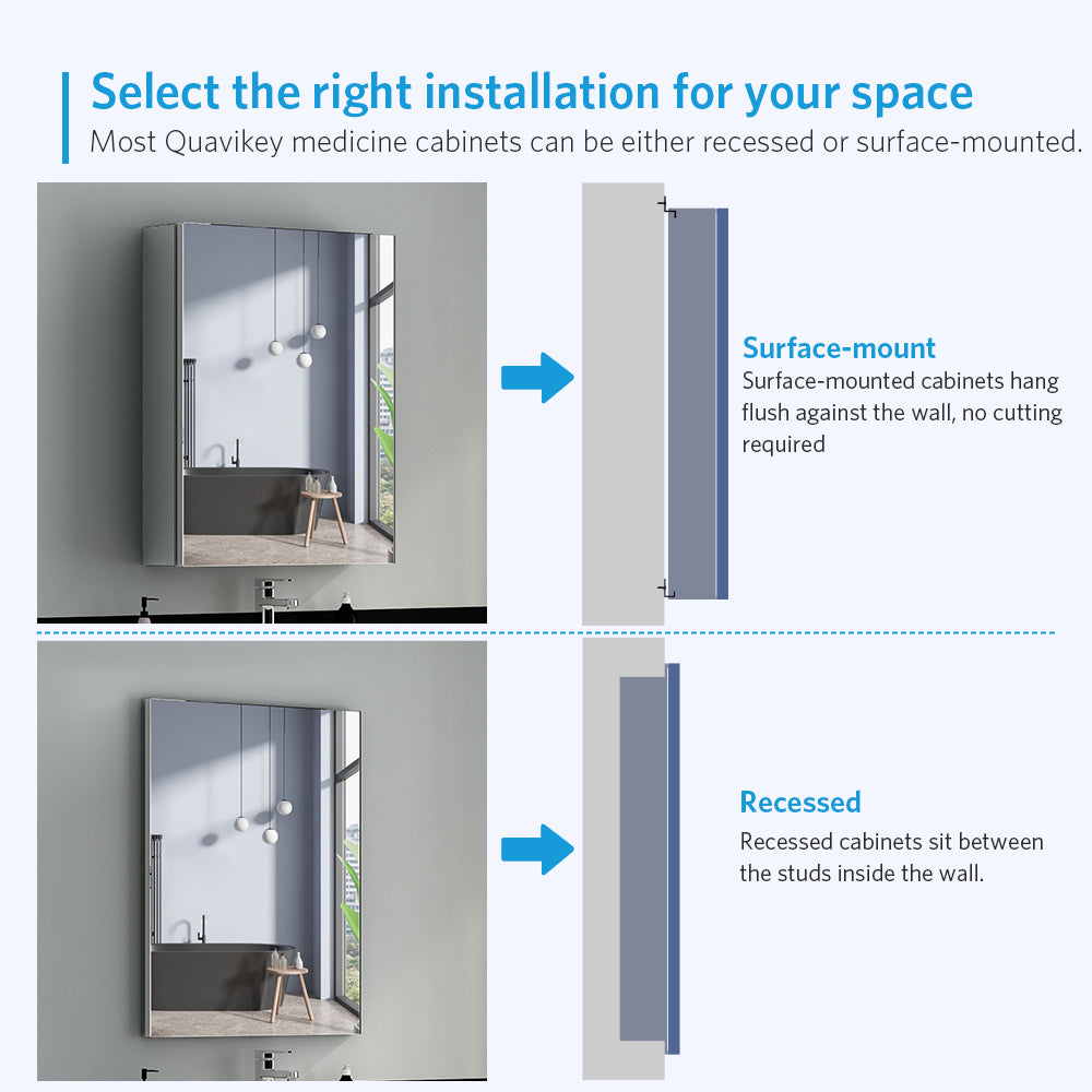 20"x26" Mirrored Medicine Cabinet for Bathroom Recessed or Surface Mount, Silver Aluminum