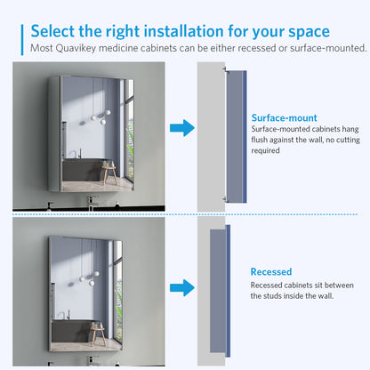 20"x26" Mirrored Medicine Cabinet for Bathroom Recessed or Surface Mount, Silver Aluminum