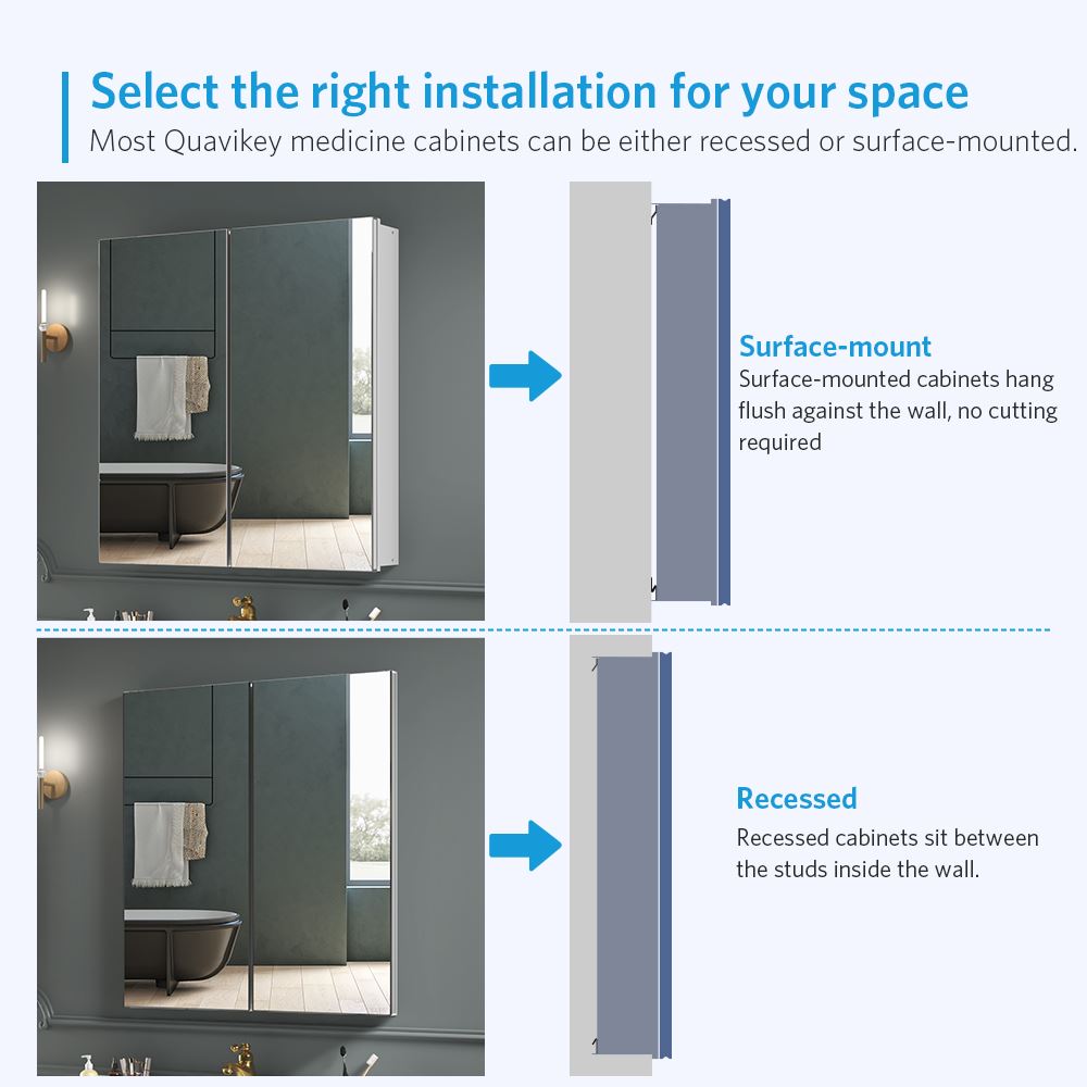 24"x26" Mirrored Medicine Cabinet for Bathroom 2 Door Recessed or Surface Mount, Silver Aluminum