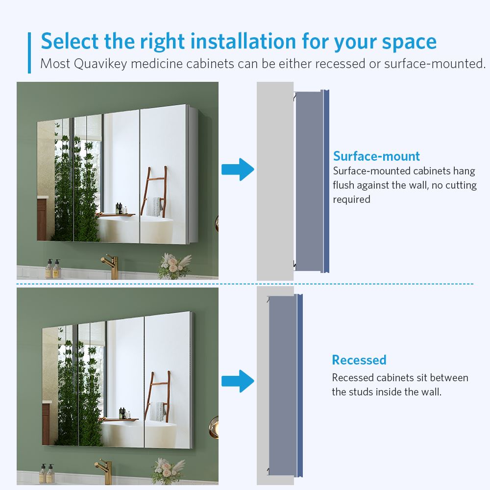 36"x26" Mirrored Medicine Cabinet for Bathroom 3 Door Recessed or Surface Mount, Silver Aluminum