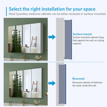 36"x26" Mirrored Medicine Cabinet for Bathroom 3 Door Recessed or Surface Mount, Silver Aluminum