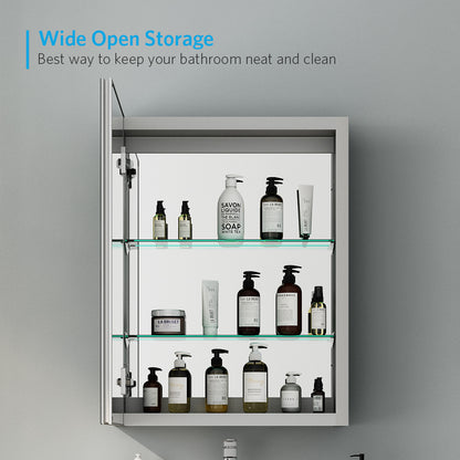 20"x26" Mirrored Medicine Cabinet for Bathroom Recessed or Surface Mount, Silver Aluminum