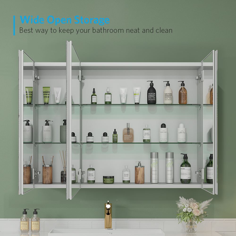 36"x26" Mirrored Medicine Cabinet for Bathroom 3 Door Recessed or Surface Mount, Silver Aluminum