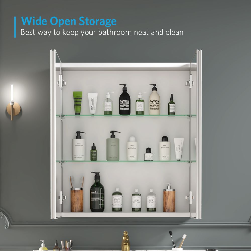 24"x26" Mirrored Medicine Cabinet for Bathroom 2 Door Recessed or Surface Mount, Silver Aluminum