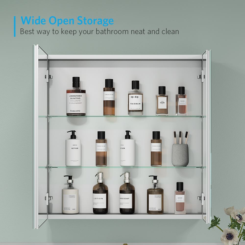 30"x30" Mirrored Medicine Cabinet for Bathroom 2 Door Recessed or Surface Mount, Silver Aluminum