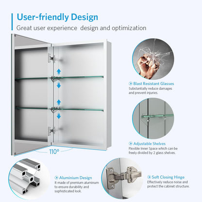 16"x26" Mirrored Medicine Cabinet for Bathroom Recessed or Surface Mount, Silver Aluminum