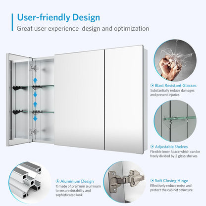 36"x26" Mirrored Medicine Cabinet for Bathroom 3 Door Recessed or Surface Mount, Silver Aluminum
