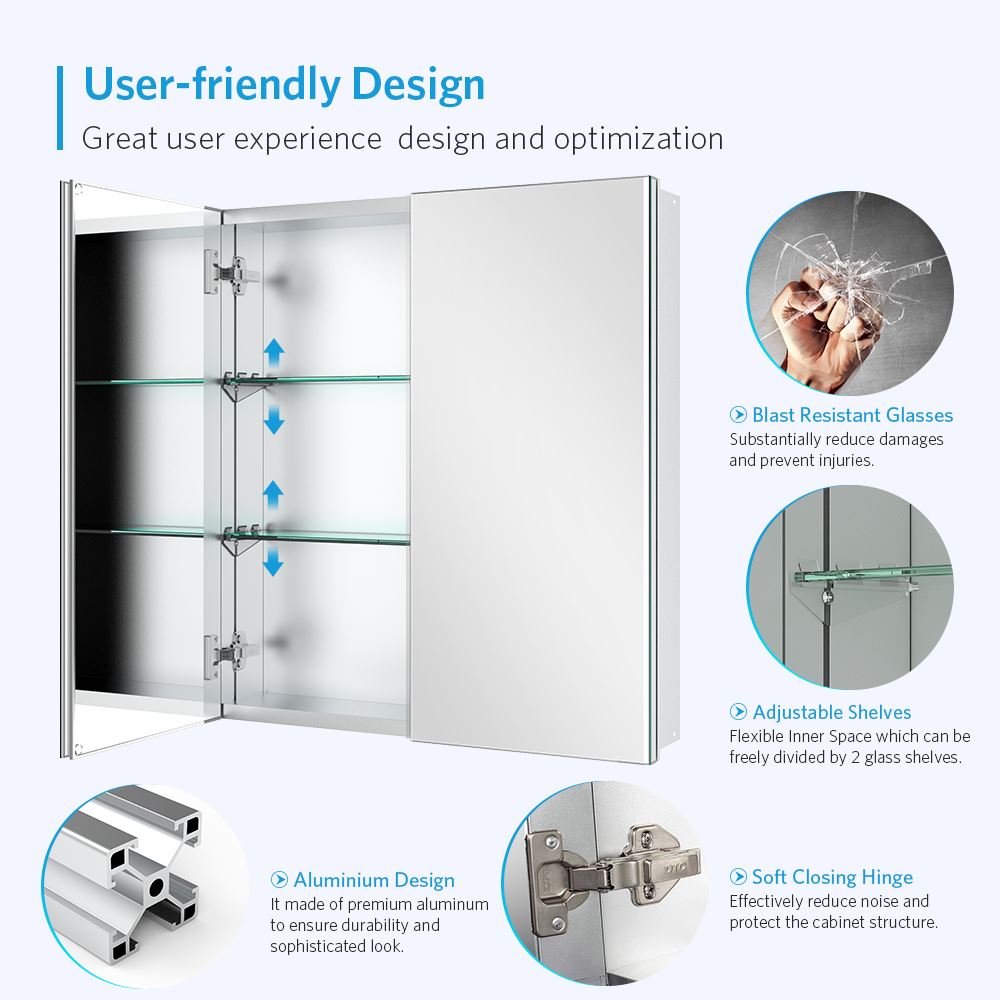 24"x26" Mirrored Medicine Cabinet for Bathroom 2 Door Recessed or Surface Mount, Silver Aluminum