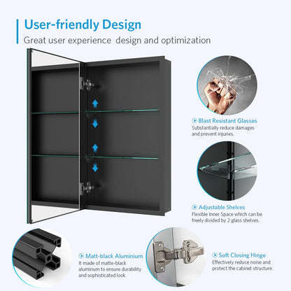 16"x26" Mirrored Medicine Cabinet for Bathroom Recessed or Surface Mount, Black Aluminum